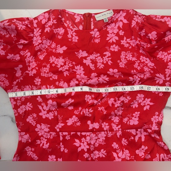 Never Fully Dressed Delores Dress 10 Red Pink Floral ruched bishop sleeves $103 - Picture 10 of 16